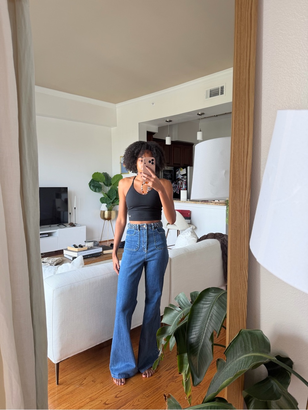 70s Style High-Waist Wide Leg Jeans with Braided Waist Band - Blue